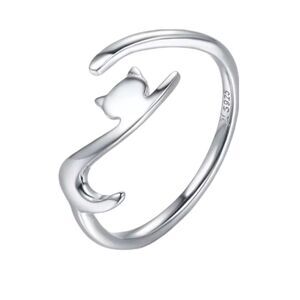 925 Sterling Silver Platinum Plated Cat Ring